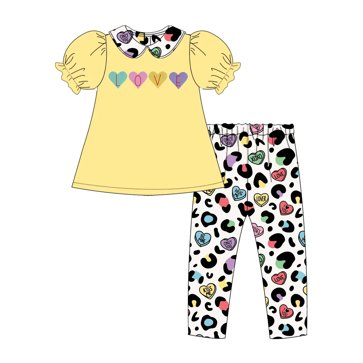 (Pre-order)GSPO1806 LOVE Heart Yellow Tunic Top Leopard Pants Girls Valentine's Day Clothes Set