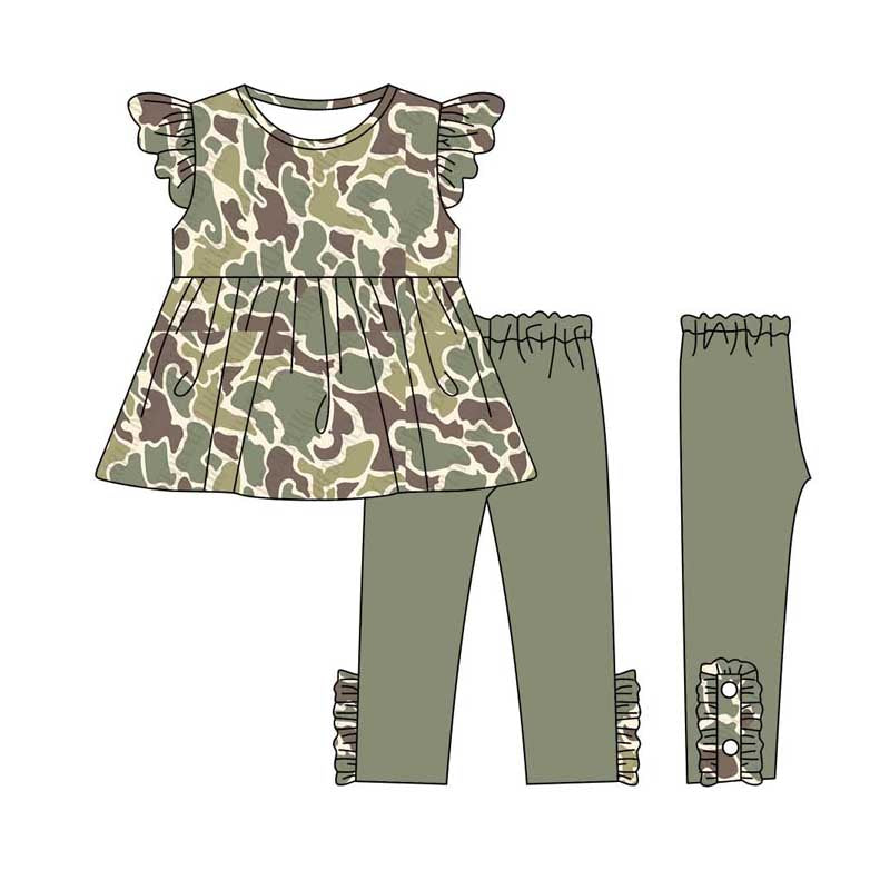 (Pre-order)GSPO1809 Camo Tunic Top Green Pants Girls Hunting Clothes Set