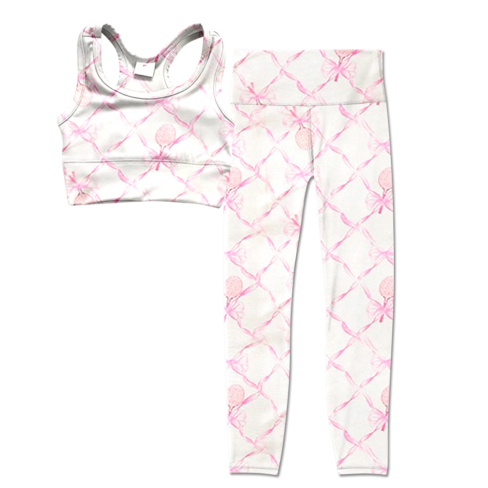 (Pre-order)GSPO1811  Pink Tennis Bow Yoga Vest Legging Pants Girls Athletic Clothes Set