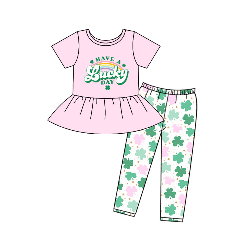 (Pre-order)GSPO1812 Have A Lucky Day Print Leef Pants Girls St. Patrick's Day Clothes Set