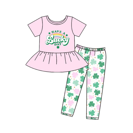 (Pre-order)GSPO1812 Have A Lucky Day Print Leef Pants Girls St. Patrick's Day Clothes Set