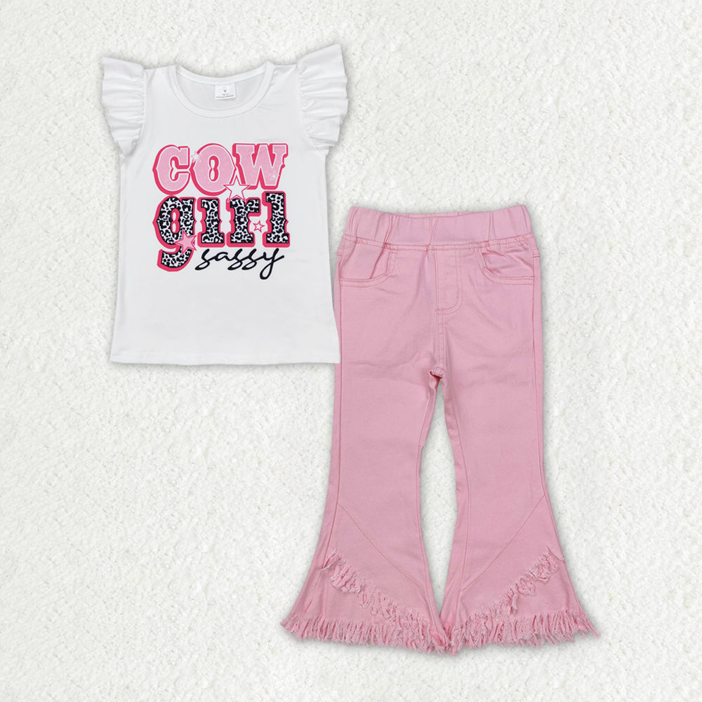 GSPO1817 Cow Girl Sassy Top Pink Denim Bell Jeans Girls Western Clothes Set