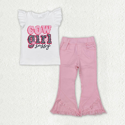 GSPO1817 Cow Girl Sassy Top Pink Denim Bell Jeans Girls Western Clothes Set