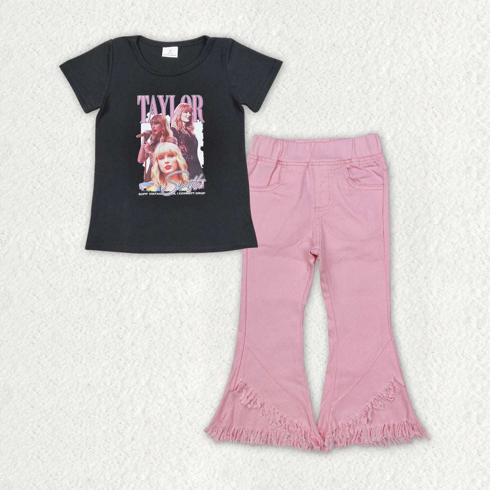 GSPO1818 Singer Swiftie Top Pink Denim Bell Jeans Girls Clothes Set