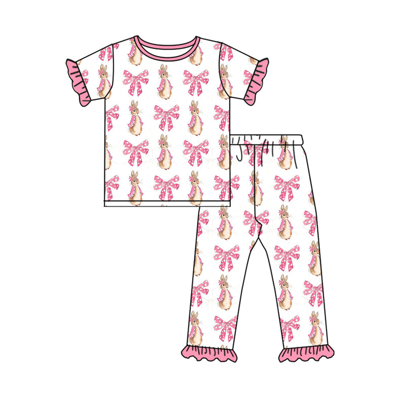 (Pre-order)GSPO1821 Bunny Bows Print Girls Easter Pajamas Clothes Set