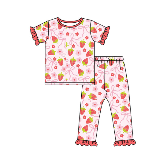 (Pre-order)GSPO1823 Strawberry Flowers Bows Print Girls Pajamas Clothes Set