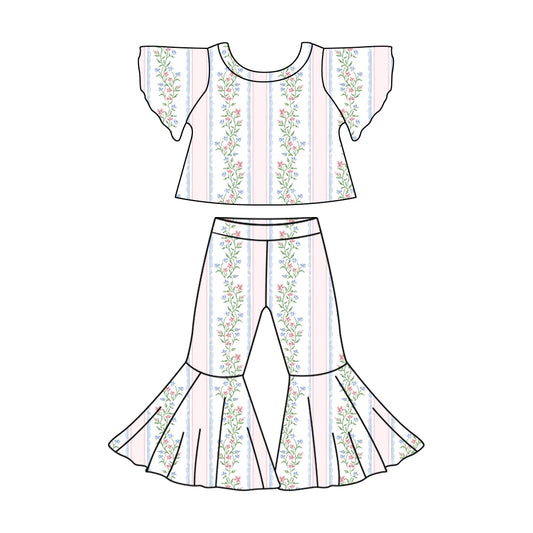 (Pre-order)GSPO1825 Flowers Print Bell Pants Girls Clothes Set