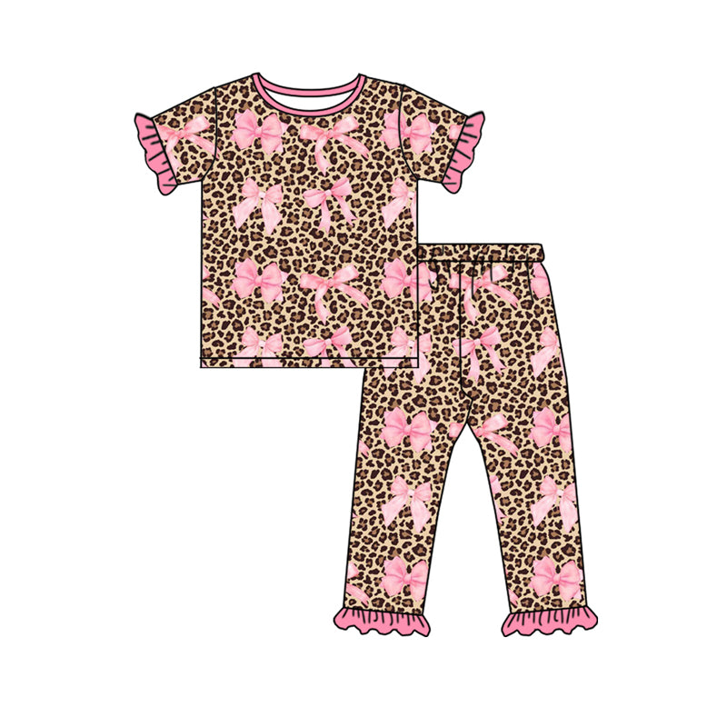 (Pre-order)GSPO1828 Bows Leopard Print Girls Pajamas Clothes Set