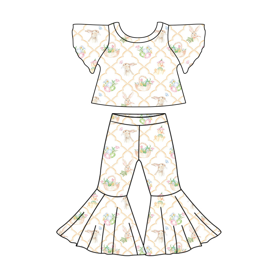 (Pre-order)GSPO1829 Bunny Flowers Print Bell Pants Girls Easter Clothes Set