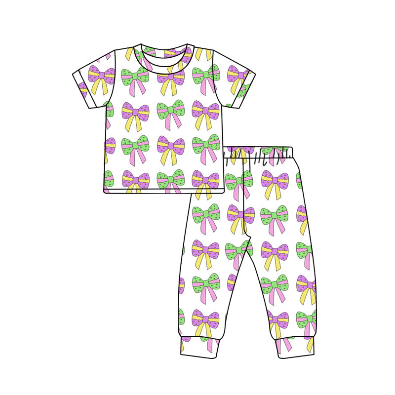 (Pre-order)GSPO1830 Bows Print Girls Mardi Gras Pajamas Clothes Set