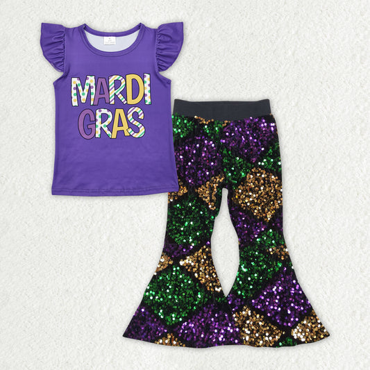 GSPO1831 Purple Mardi Gras Top Purple Green Gold Sequin Bell Pants Girls Clothes Sets