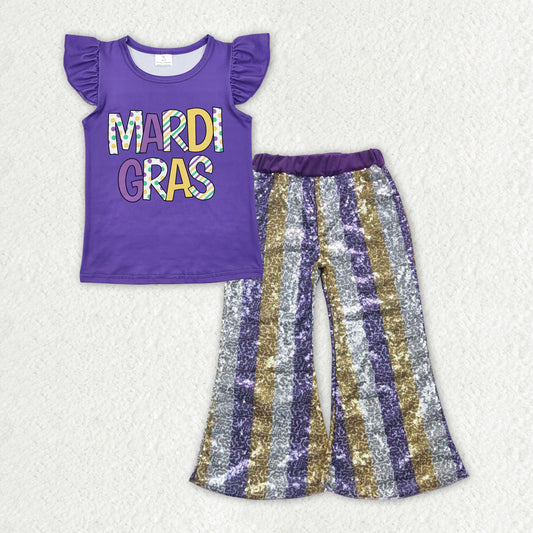 GSPO1832 Purple Mardi Gras Top Purple Gold Sequin Bell Pants Girls Clothes Sets