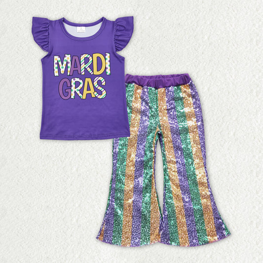 GSPO1833 Purple Mardi Gras Top Purple Gold Green Sequin Bell Pants Girls Clothes Sets