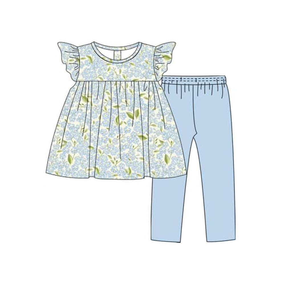 (Pre-order)GSPO1837 Small Blue Flowers Tunic Top Blue Pants Girls Clothes Set