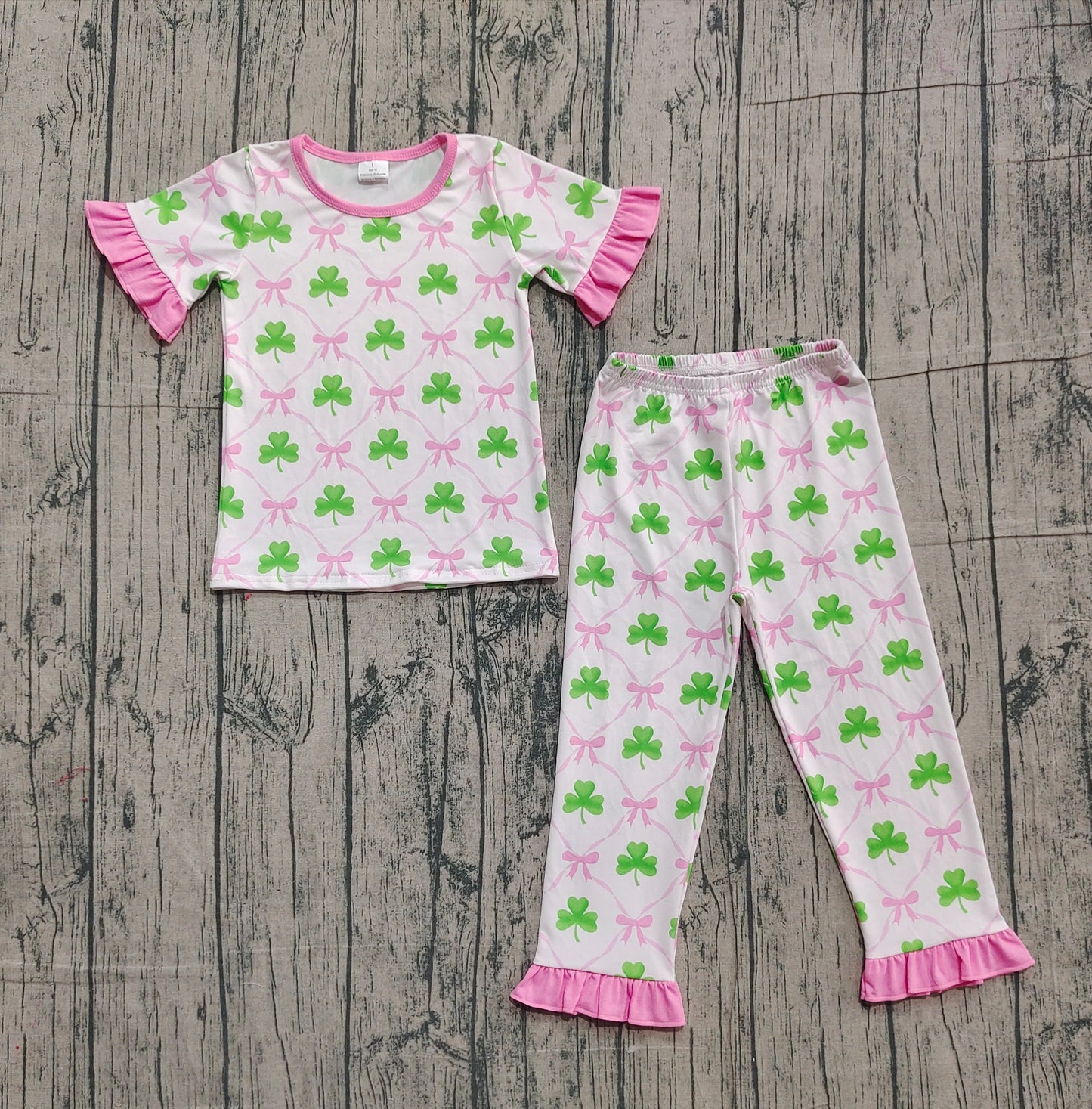 (Pre-order)GSPO1838 Leaf Print Girls St. Patrick's Day Pajamas Clothes Set