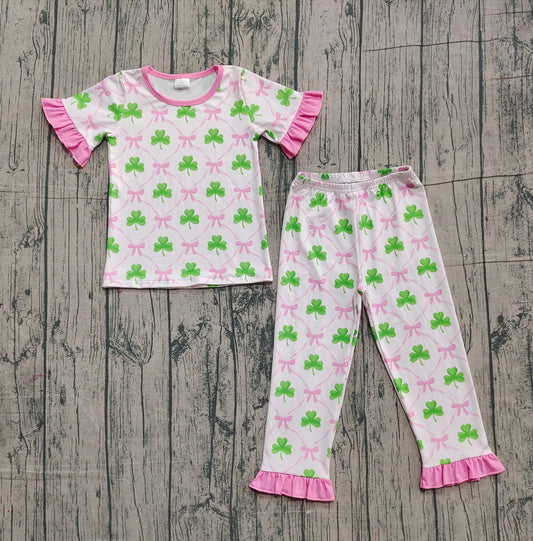 (Pre-order)GSPO1838 Leaf Print Girls St. Patrick's Day Pajamas Clothes Set