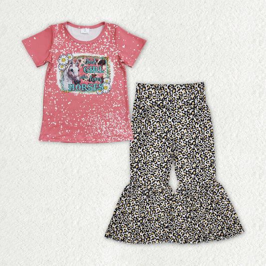 GSPO1839 Horse Flowers Top Leopard Bell Pants Girls Western Clothes Set