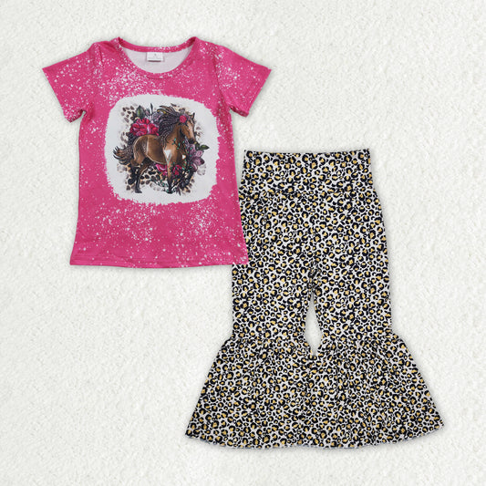 GSPO1840 Horse Flowers Top Leopard Bell Pants Girls Western Clothes Set