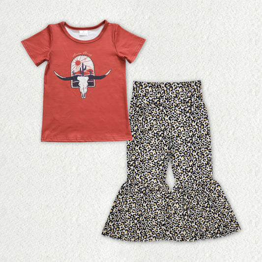 GSPO1841  Cow Skull Top Leopard Bell Pants Girls Western Clothes Set