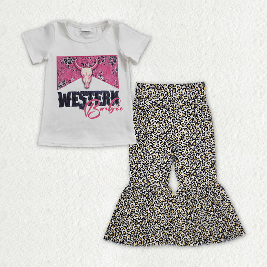 GSPO1842 Pink BA Cow Skull Top Leopard Bell Pants Girls Western Clothes Set