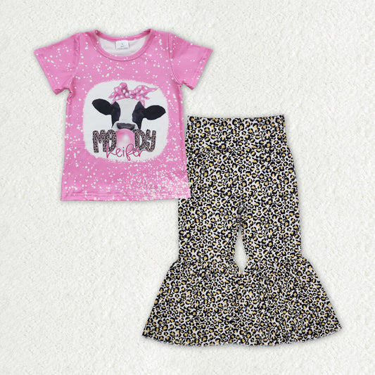 GSPO1843 Moody Heifer Top Leopard Bell Pants Girls Western Clothes Set