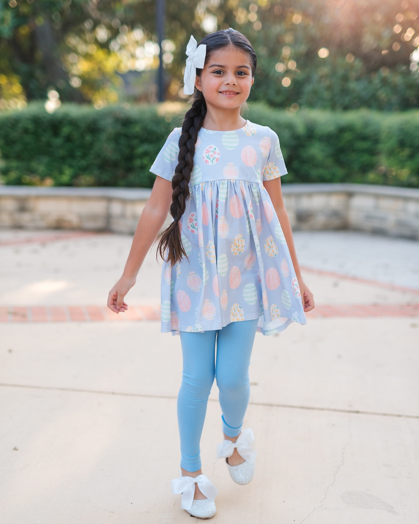 (Pre-order)GSPO1848 Flowers Eggs Tunic Top Blue Pants Girls Easter Clothes Set