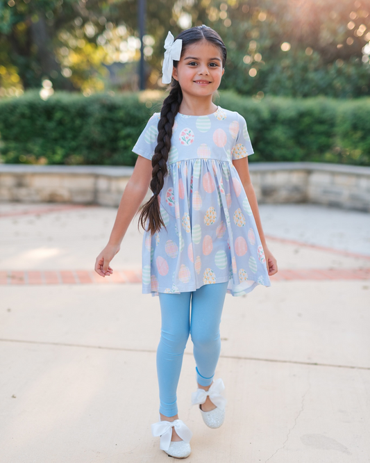 (Pre-order)GSPO1848 Flowers Eggs Tunic Top Blue Pants Girls Easter Clothes Set