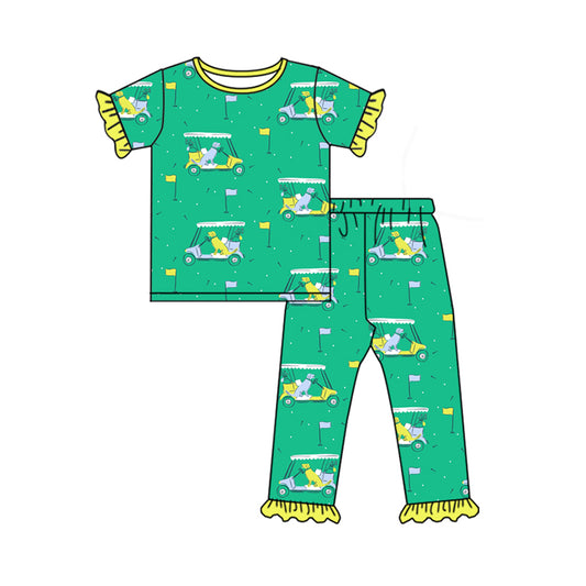 (Pre-order)GSPO1854 Golf Trucks Green Print Girls Pajamas Clothes Set