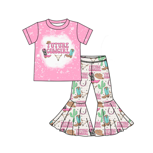 (Pre-order)GSPO1855 Cowgirl Boots Cactus Western Print Bell Pants Girls Clothes Set