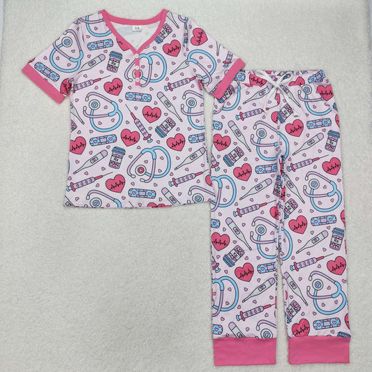 GSPO1861 Adult Heart Nurse Print Woman Valentine's Day Pajamas Clothes Set