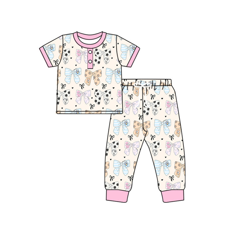 (Pre-order)GSPO1862 Cartoon Dog Bows Print Girls Pajamas Clothes Set