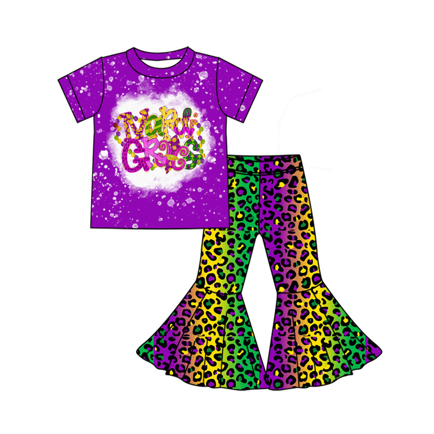 (Pre-order)GSPO1869 Purple Top Colorful Leopard Bell Pants Girls Mardi Gras Clothes Set