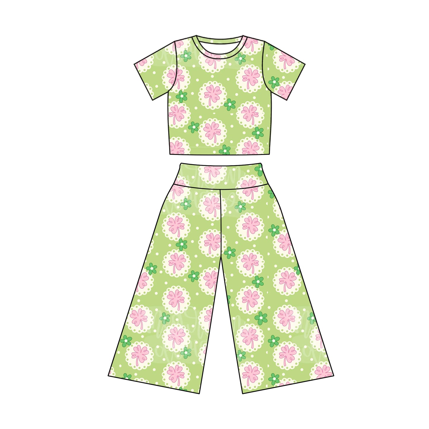 (Pre-order)GSPO1870 Leef Pink Flower Print Girls Spring Clothes Set