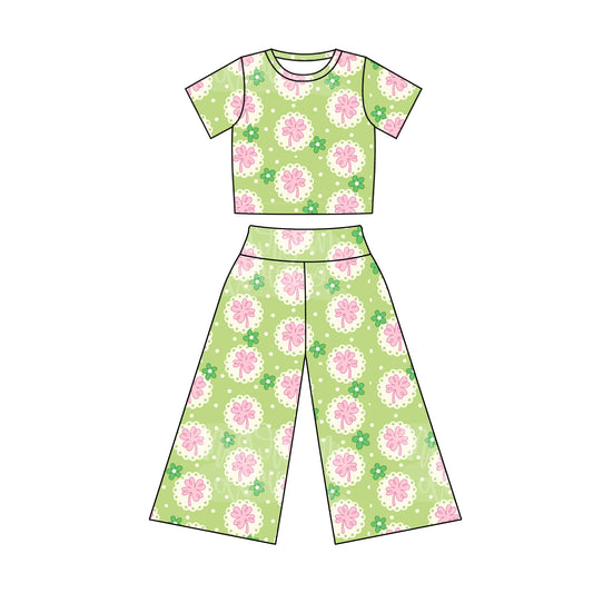 (Pre-order)GSPO1870 Leef Pink Flower Print Girls Spring Clothes Set