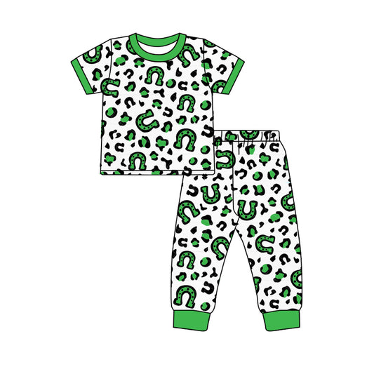 (Pre-order)GSPO1871 Green Leopard Print Girls St. Patrick's Day Pajamas Clothes Set
