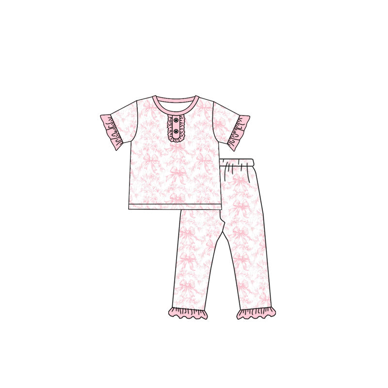 (Pre-order)GSPO1872 Pink Bows Print Girls Pajamas Clothes Set