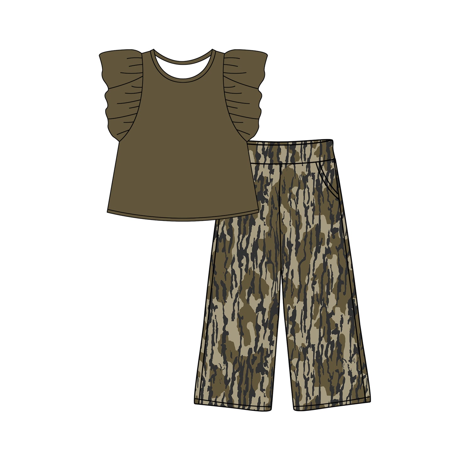 (Pre-order)GSPO1874 Flutter Sleeve Top Camo Pants Girls Clothes Set