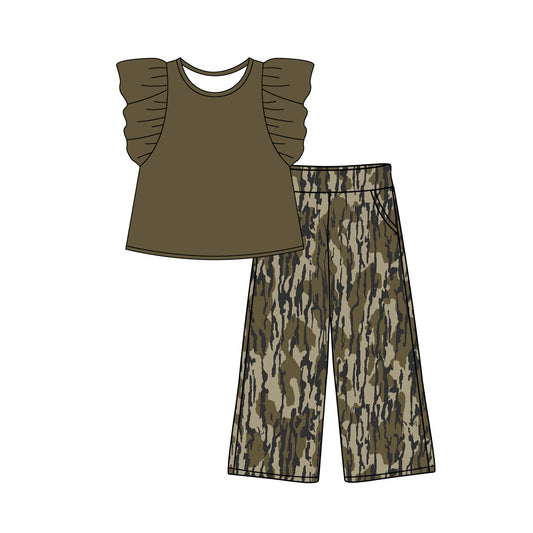 (Pre-order)GSPO1874 Flutter Sleeve Top Camo Pants Girls Clothes Set