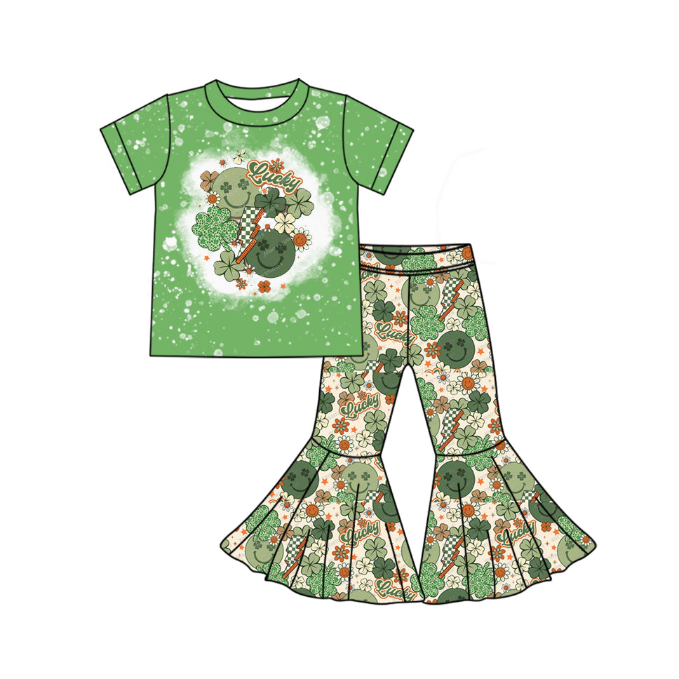 (Pre-order)GSPO1876 Lucky Leaf Smiling Face Flowers Print Bell Pants Girls St. Patrick's Day Clothes Set