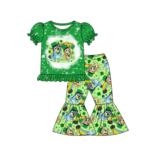 (Pre-order)GSPO1877 Cartoon Dog Rainbow Leaf Print Bell Pants Girls St. Patrick's Day Clothes Set