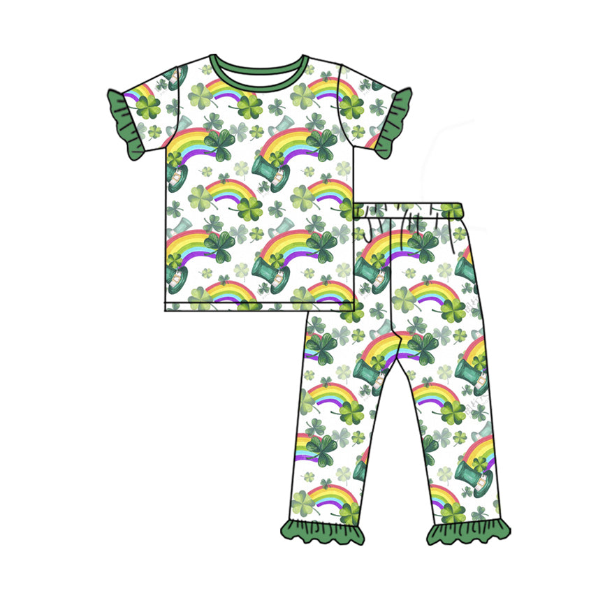(Pre-order)GSPO1878 Rainbow Hat Leaf Print Girls St. Patrick's Day Pajamas Clothes Set