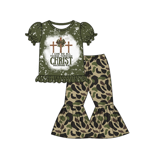 (Pre-order)GSPO1879 Cross Green Camo Print Bell Pants Girls Clothes Set