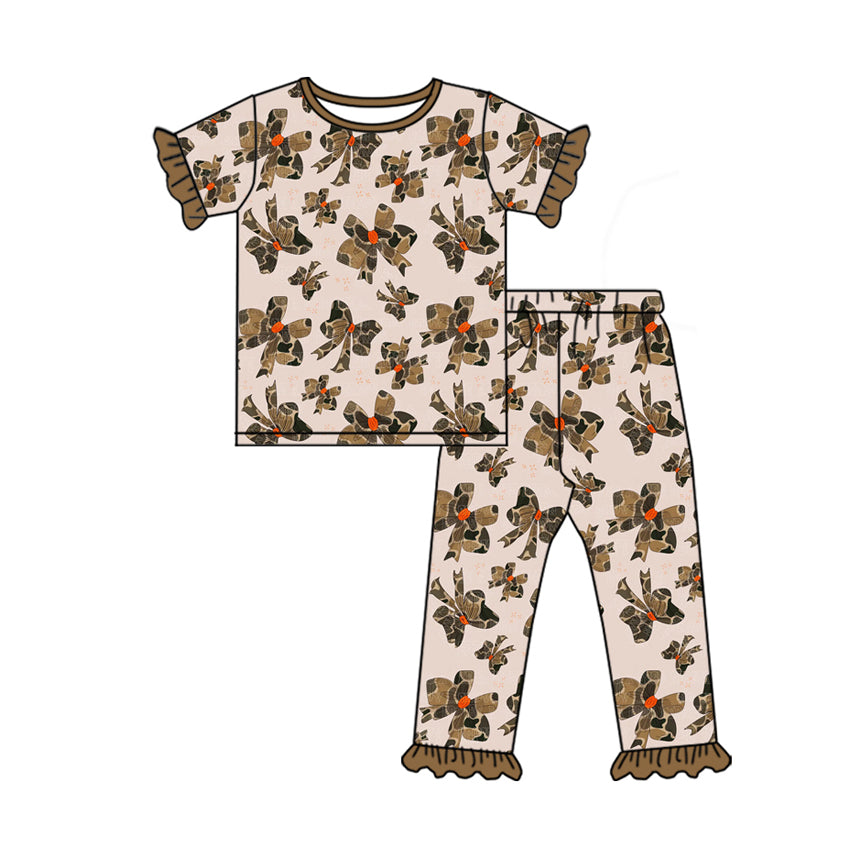 (Pre-order)GSPO1880 Camo Bows Brown Print Girls Pajamas Clothes Set