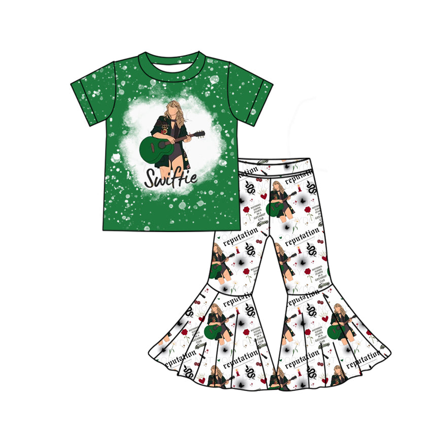 (Pre-order)GSPO1883 Singer Swiftie Green Print Bell Pants Girls Clothes Set