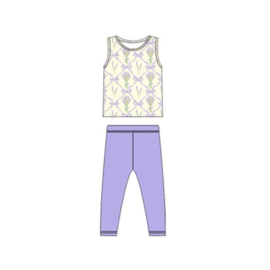 (Pre-order)GSPO1917 Lavender Bows Top Purple Pants Girls Clothes Set