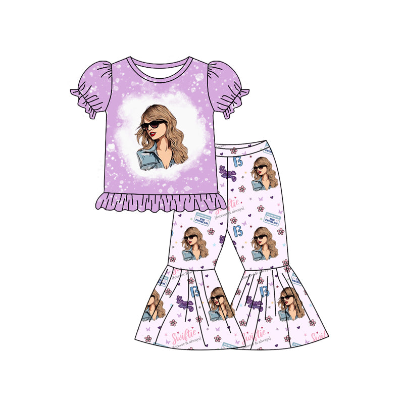 (Pre-order)GSPO1923 Singer Swiftie Flowers Print Bell Pants Girls Clothes Set