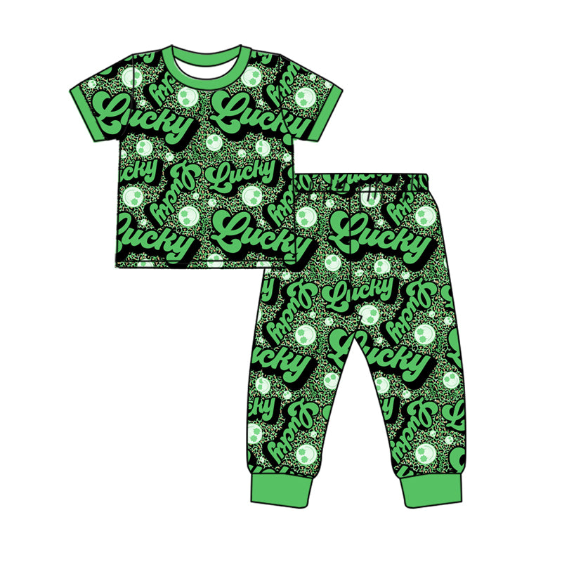 (Pre-order)GSPO1925 Lucky Smiling Face Leopard Print Girls St. Patrick's Day Pajamas Clothes Set
