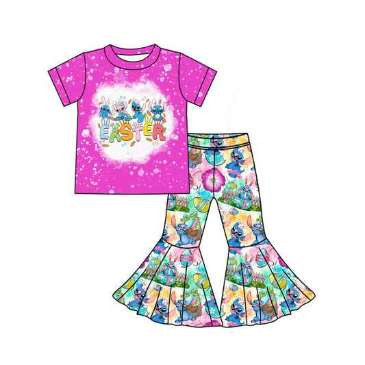 (Pre-order)GSPO1926 Cartoon Animals Eggs Flowers Print Bell Pants Girls Easter Clothes Set