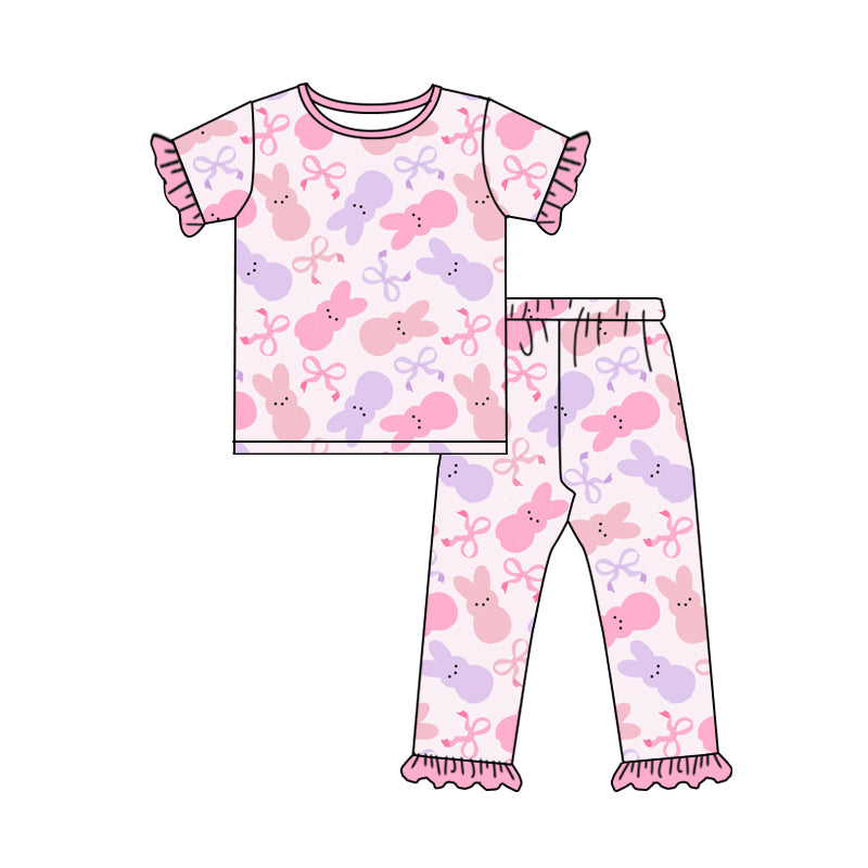 (Pre-order)GSPO1927 Bunny Bows Print Girls Easter Pajamas Clothes Set