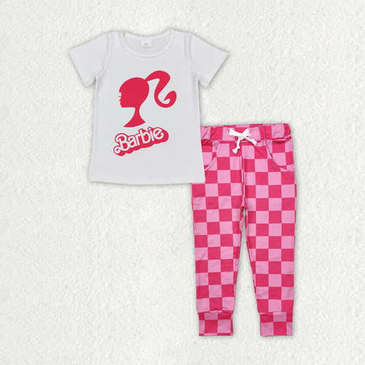 GSPO1933 Pink BA Top Plaid Pants Girls Clothes Set